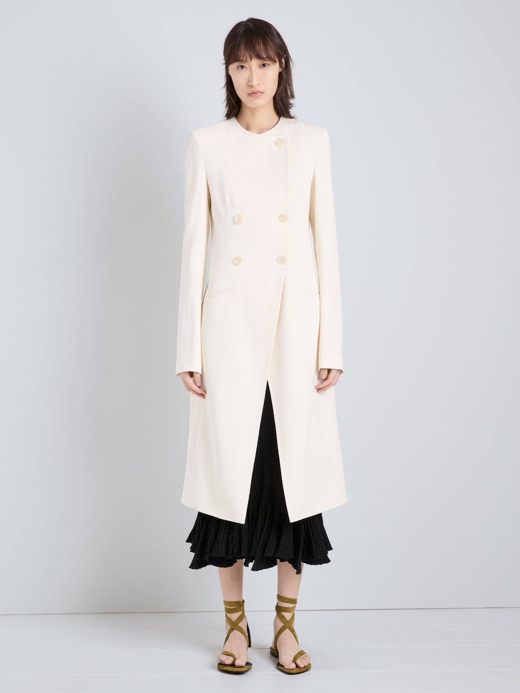 Ava Women's Coat | Satin Back Crepe, Double-Breasted Design with V-Shaped Split 5
