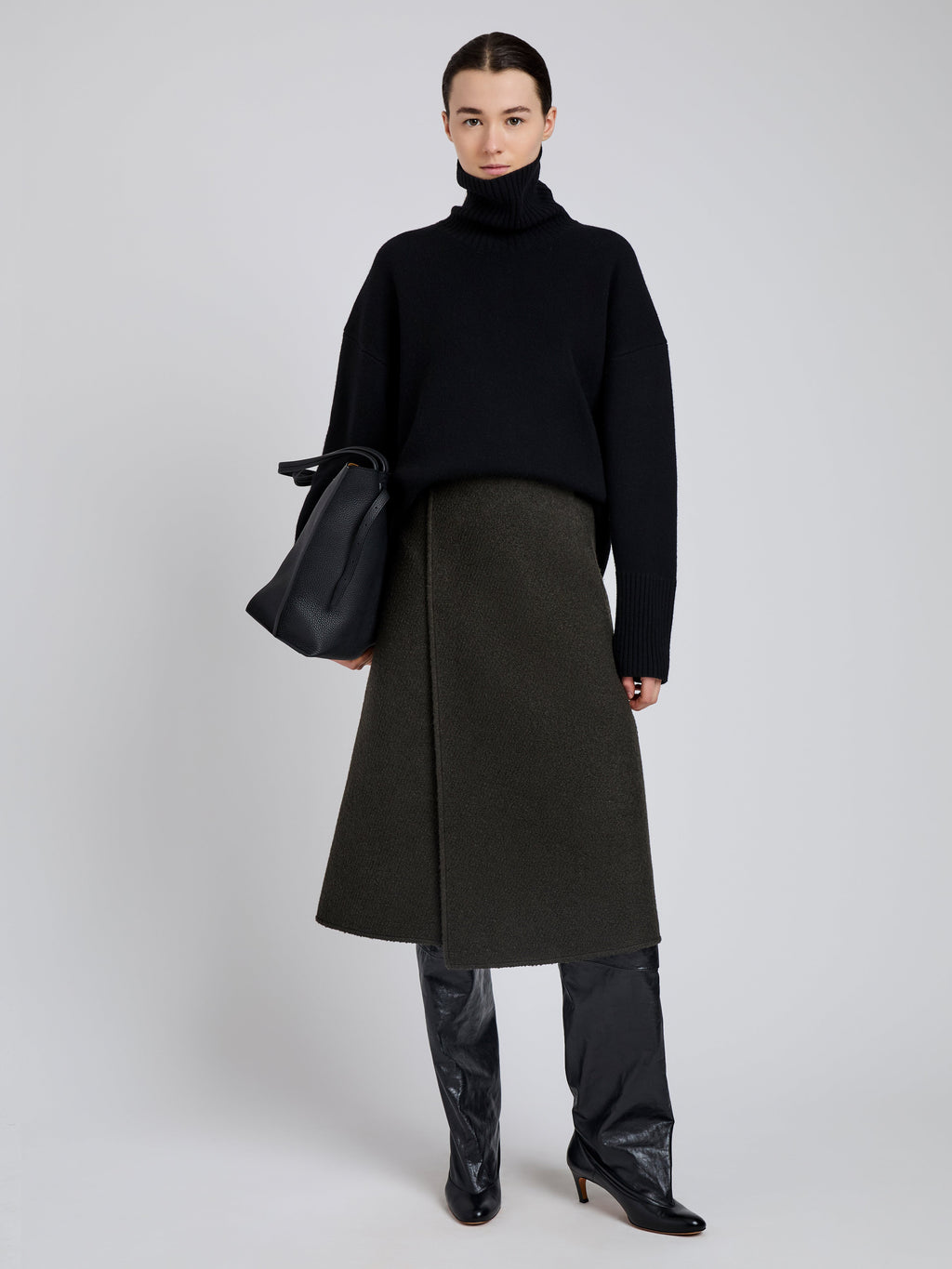 Bodhi Women's Black Midi Skirt | High-Waisted Boucle Twill A-Line 1