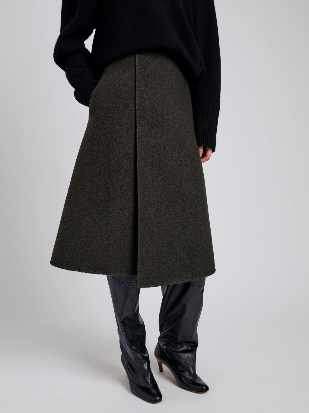 Bodhi Women's Black Midi Skirt | High-Waisted Boucle Twill A-Line 4