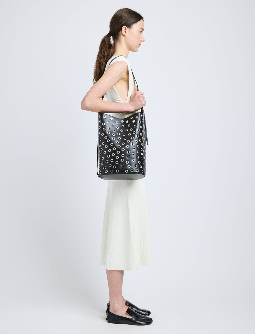 Brant Women's Bucket Bag | Smooth Calfskin with Silver Grommets, Crossbody Handbag 1