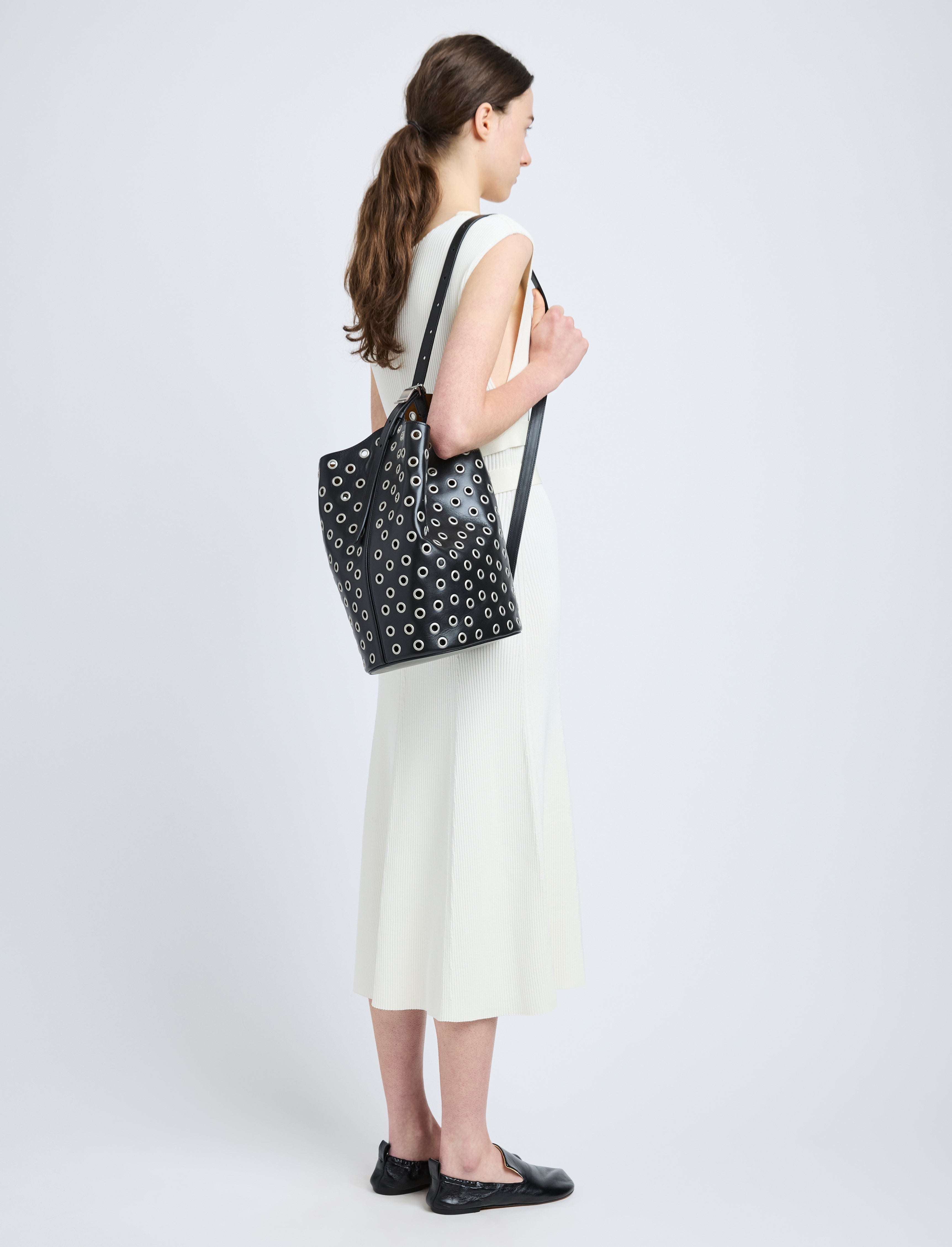 Brant Women's Bucket Bag | Smooth Calfskin with Silver Grommets, Crossbody Handbag 5