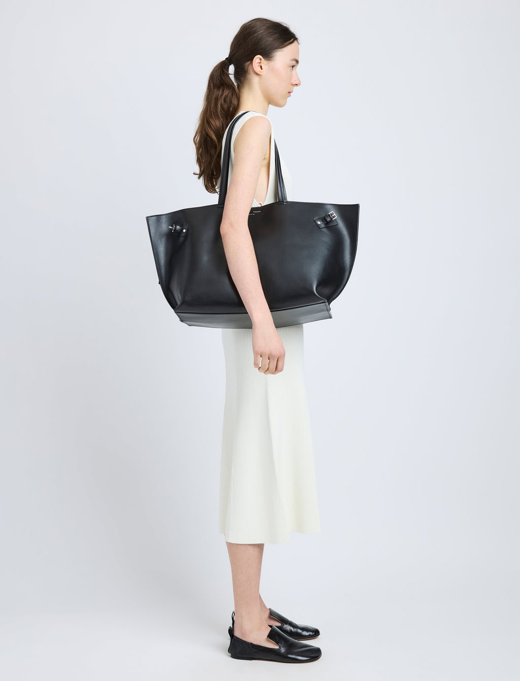 Daisy Women's Tote Bag | Black Smooth Leather, Adjustable Side Buckles 1