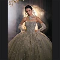 Beaded Strapless Wedding Dress Detachable Sleeves