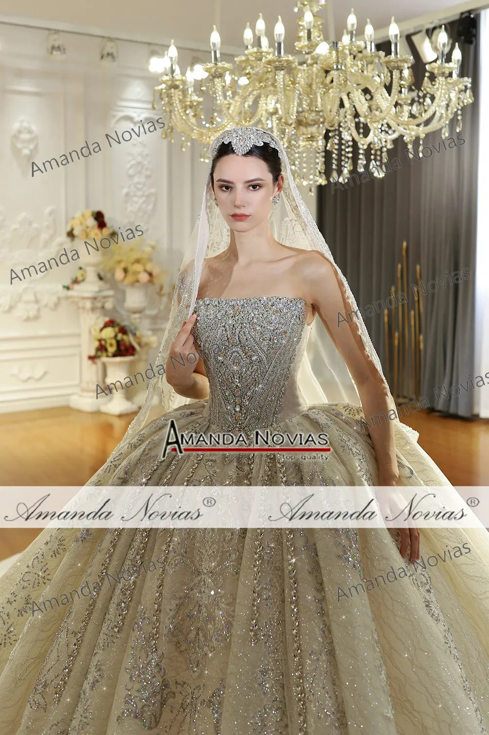 Beaded Strapless Wedding Dress Detachable Sleeves
