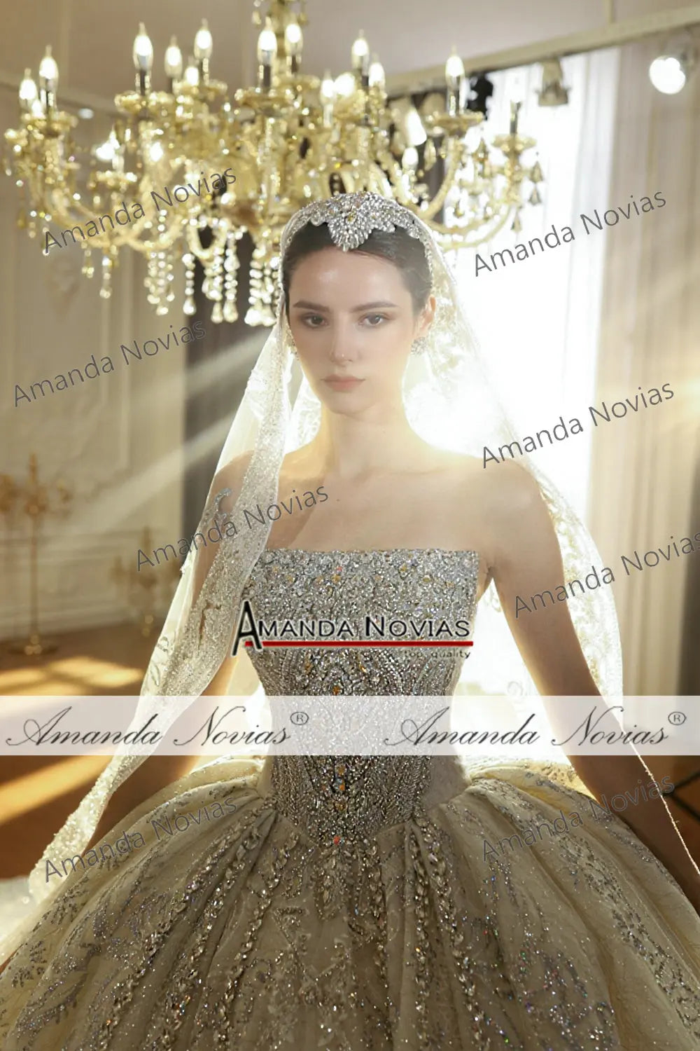 Beaded Strapless Wedding Dress Detachable Sleeves