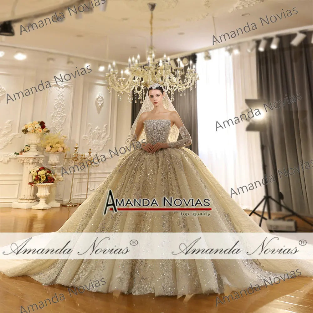 Beaded Strapless Wedding Dress Detachable Sleeves
