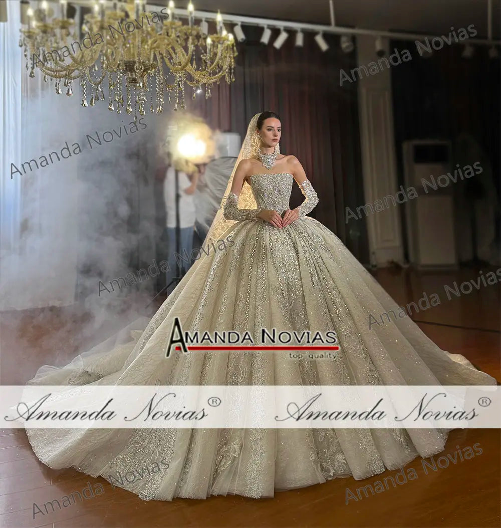 Beaded Strapless Wedding Dress Detachable Sleeves