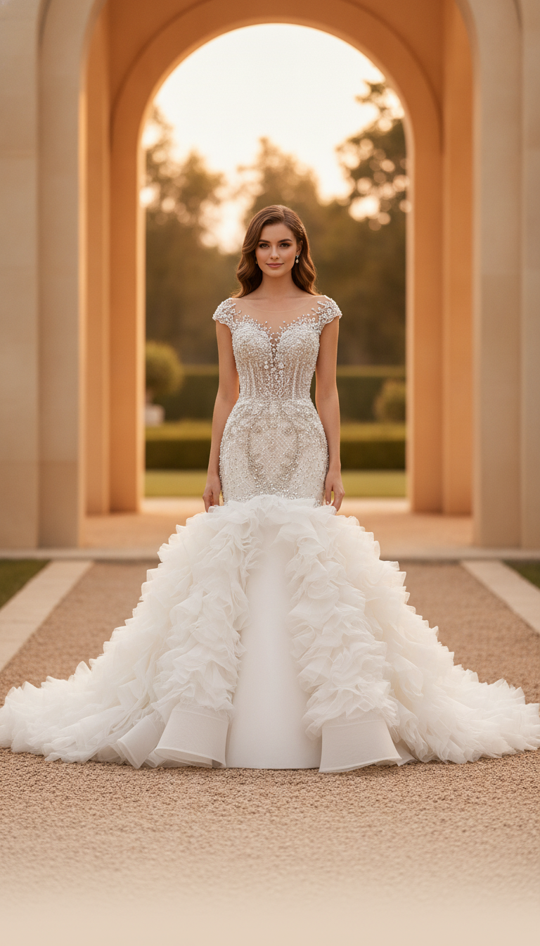 A bride in a white custom ruffle mermaid wedding dress stands centered in an outdoor setting with natural light.