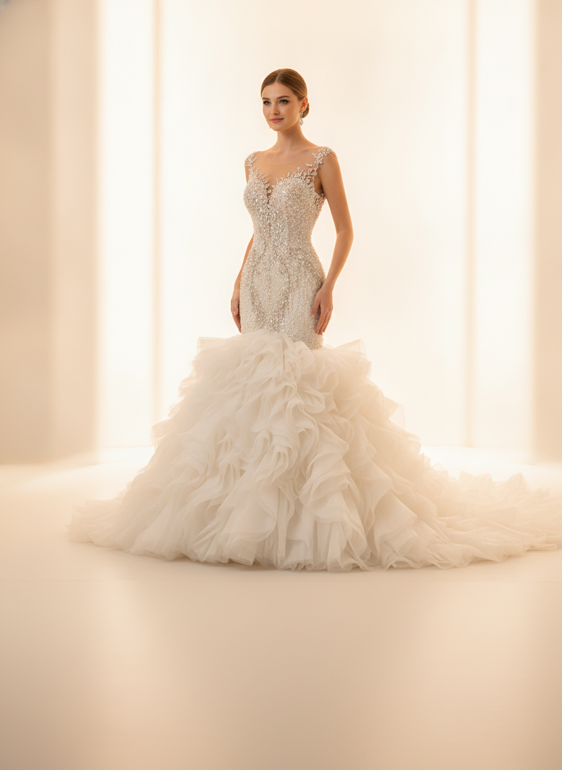 A North American woman models a custom ruffle mermaid wedding dress, featuring a 2-in-1 design and intricate ruffles, against