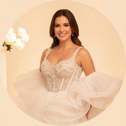 Circular portrait of a smiling woman, Taylor Hayes, wearing a custom ruffle mermaid wedding dress, against a warm cream backg