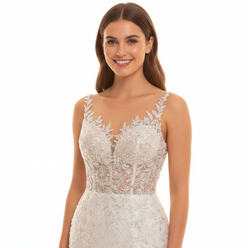 Close-up portrait of Emily Rogers, a North American woman, smiling and wearing a custom ruffle mermaid wedding dress against 